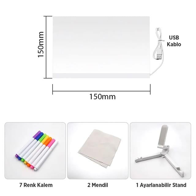 Sunup SN-27126 Dekoratif LED Aydınlatmalı Şeffaf Işıltılı Yazı - Çizim Panosu Tableti - 7 Renk Kalemli Set