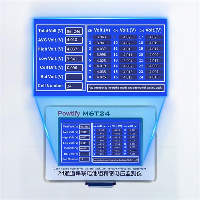 Powtify M6T24 Kasasız 24S Kanallı Yüksek Hassasiyetli Lityum Batarya Gerçek Zamanlı Voltaj Analizörü