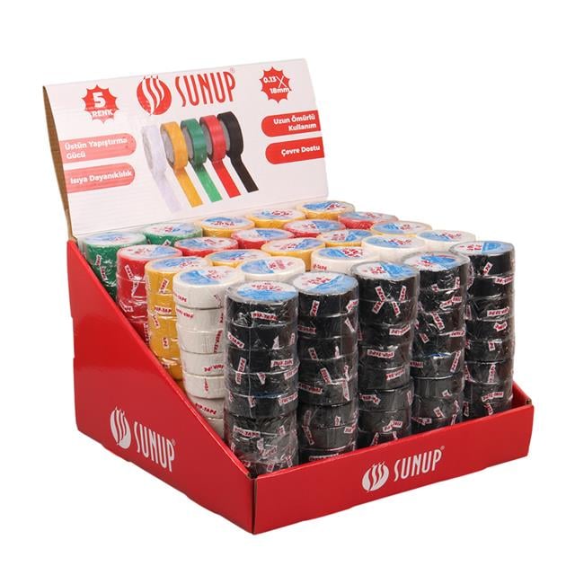 Sunup SN-27919 0.13x18mm 5 Renk İzole Elektrikçi Bant 10 Metre 50x5’li Paket (Kırmızı- Sarı - Siyah - Yeşil - Beyaz)