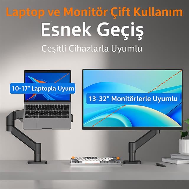 PowerMaster PM-252-J 13-32’’ Amortisörlü Tek Kol Gaming Monitör Ofis Laptop Notebook Tutucu Masa Stand Askı Aparatı