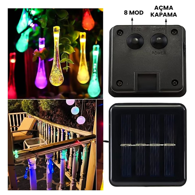 PowerMaster PM-29078 8 Modlu Solar 12M Renkli Su Damlası LED Zinciri - Su Geçirmez Bahçe ve Balkon Aydınlatması