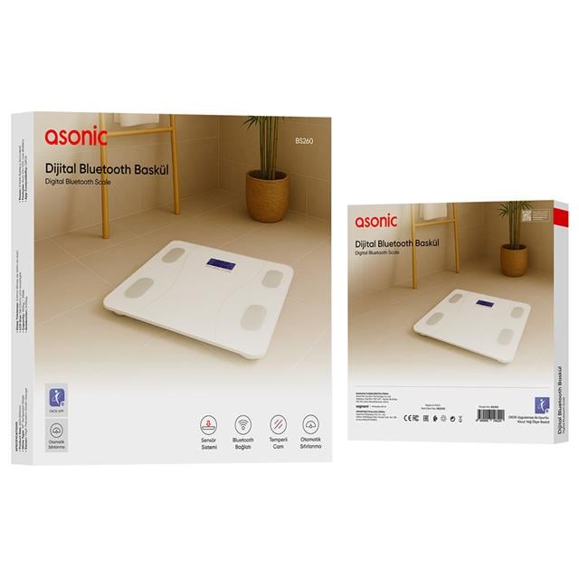 Asonic BS260 Beyaz 260x260 Mm Dijital Bluetooth Baskül (2*AAA Pil Hediyeli)