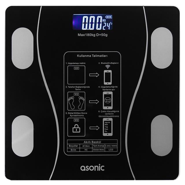 Asonic BS260 Siyah 260x260 Mm Dijital Bluetooth Baskül (2*AAA Pil Hediyeli)