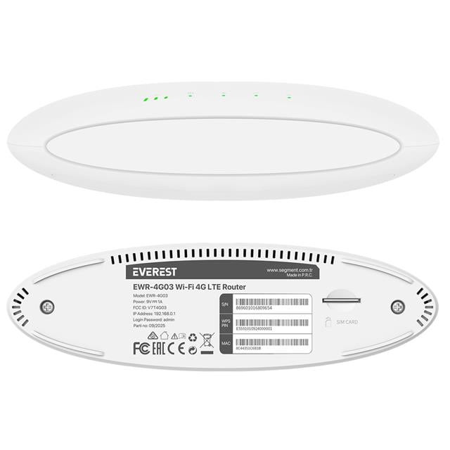 Everest EWR-4G03 4G LTE Wi-Fi Router SIM Kart Girişli 300 Mbps 2.4GHz WAN/LAN Portlu Kablosuz Yönlendirici