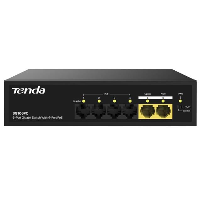 Tenda S106PC 6-Portlu 10/100 Mbps Lite PoE Uplink Switch (4 Port PoE Destekli 55W Toplam Güç)