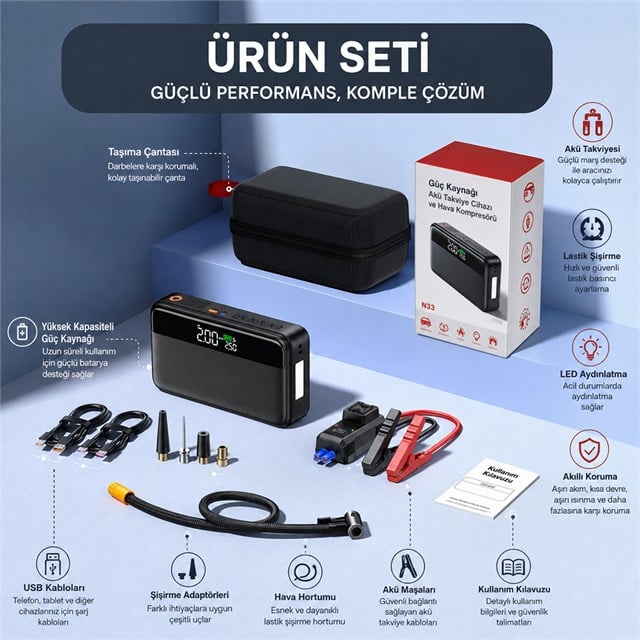 Powermaster N33 Lastik Hava Kompresörlü Akü Takviye Cihazı 65W Fast Powerbank
