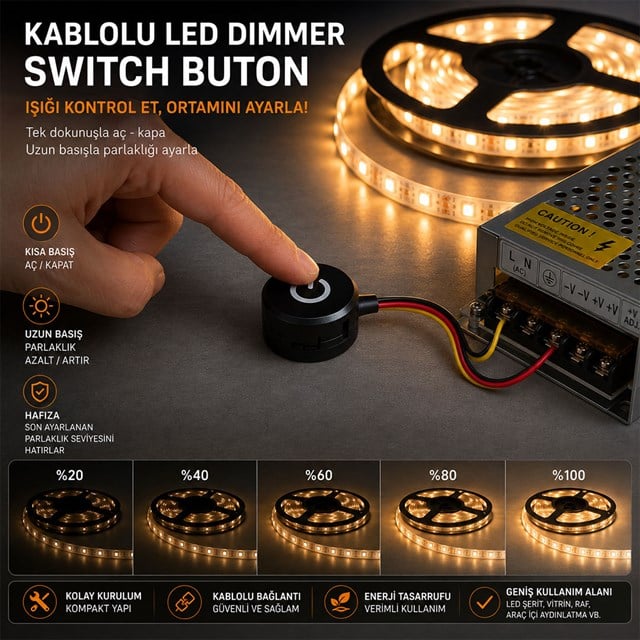 Powermaster PM-30788 12V DC 13mm Gömme Dokunmatik LED Dimmer Kontrolcüsü Switch Buton Siyah