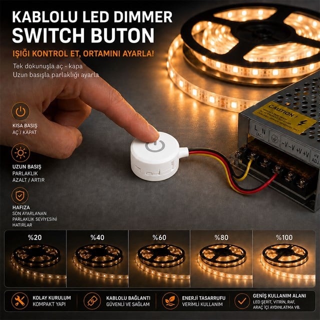 Powermaster PM-30802 3V DC 10mm Gömme Dokunmatik LED Dimmer Kontrolcüsü Switch Buton Beyaz