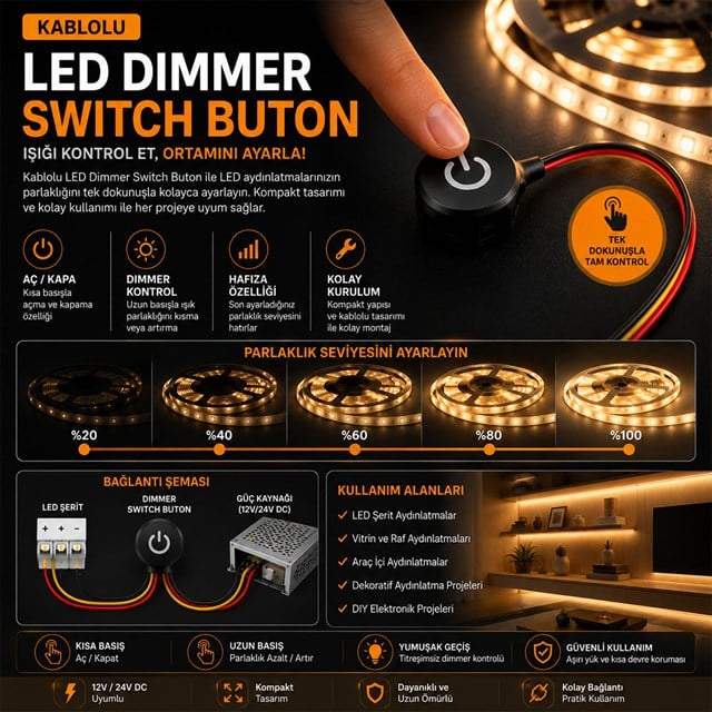 Powermaster PM-30933 24V DC 16mm Gömme Dokunmatik LED Dimmer Kontrolcüsü Switch Buton Siyah