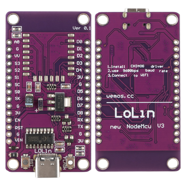 ESP8266 NodeMCU V3 Lolipop Mor Geliştirme Kartı CH340 USB-C Bağlantılı Proje Modülü