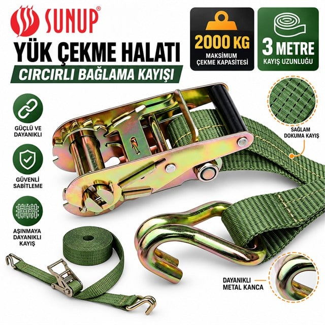 Sunup SN-37783 3 Metre Yük Çekme Halatı Cırcırlı Bağlama Kayışı Spanzet 2000KG