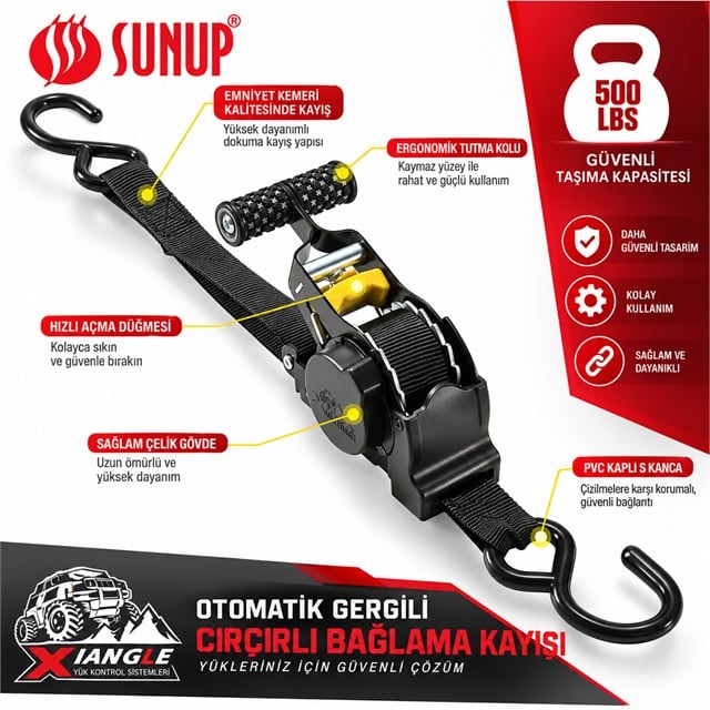 Sunup SN-37789 3 Metre Otomatik Cırcırlı Bağlama Kayışı Spanzet Kaydırmaz Tutamaklı Dayanıklı Çelik Gövde 230KG
