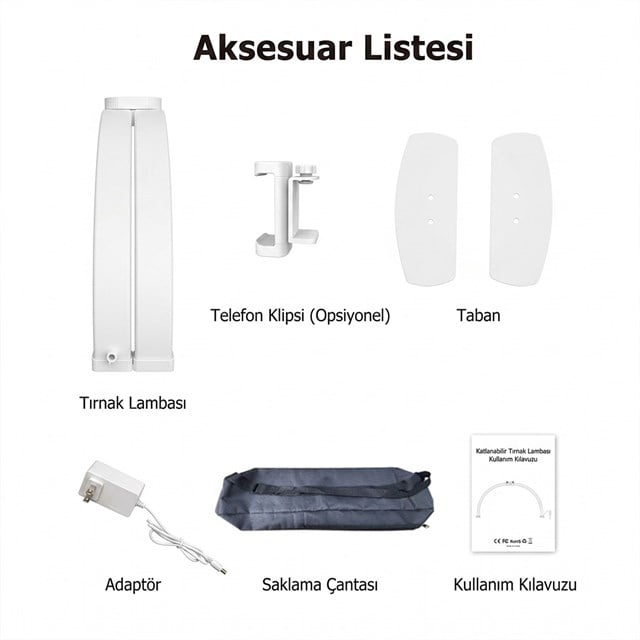 TrLed F-550A Beyaz 55cm Katlanabilir Yarım Ay Protez Tırnak ve Güzellik Uzmanı Masa Lambası Beyaz