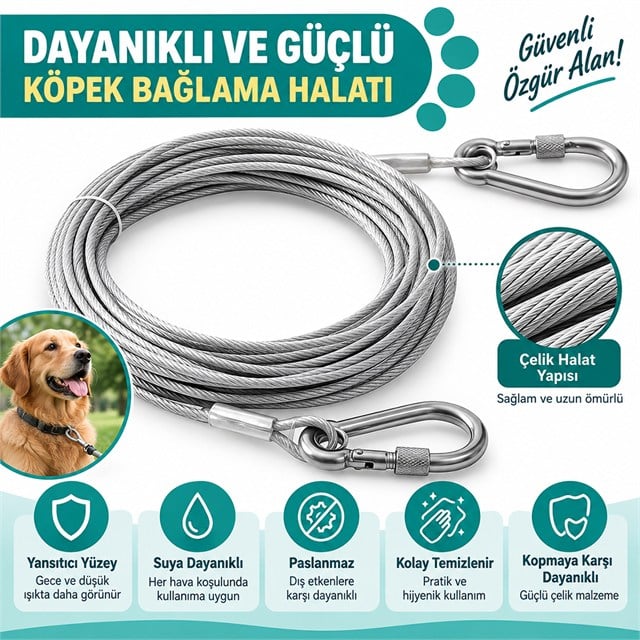 Sunup SN-38106 2 Metre Çelik Köpek Bağlama Halatı Kilitli Karabina PVC Kaplamalı
