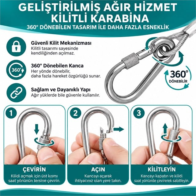 Sunup SN-38107 5 Metre Çelik Köpek Bağlama Halatı Kilitli Karabina PVC Kaplamalı