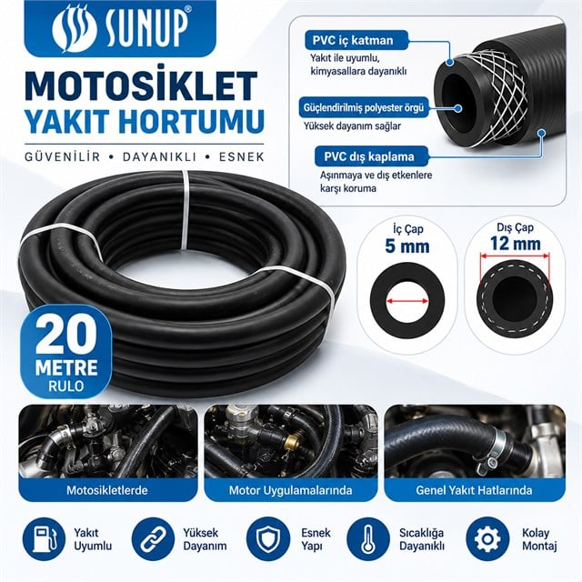 Sunup SN-38807 20 Metre 12mm Motosiklet Araç Yakıt Hortumu Rulo Esnek Güçlendirilmiş