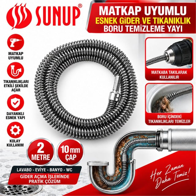 SUNUP SN-38808 2 METRE 10 MM MATKAP UYUMLU ESNEK GİDER TIKANIKLIK BORU TEMİZLEME YAYI