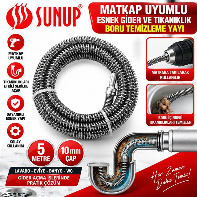 SUNUP SN-38809 5 METRE 10 MM MATKAP UYUMLU ESNEK GİDER TIKANIKLIK BORU TEMİZLEME YAYI
