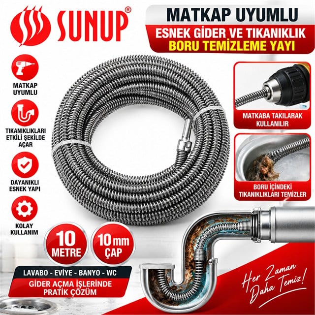 SUNUP SN-38810 10 METRE 10 MM MATKAP UYUMLU ESNEK GİDER TIKANIKLIK BORU TEMİZLEME YAYI