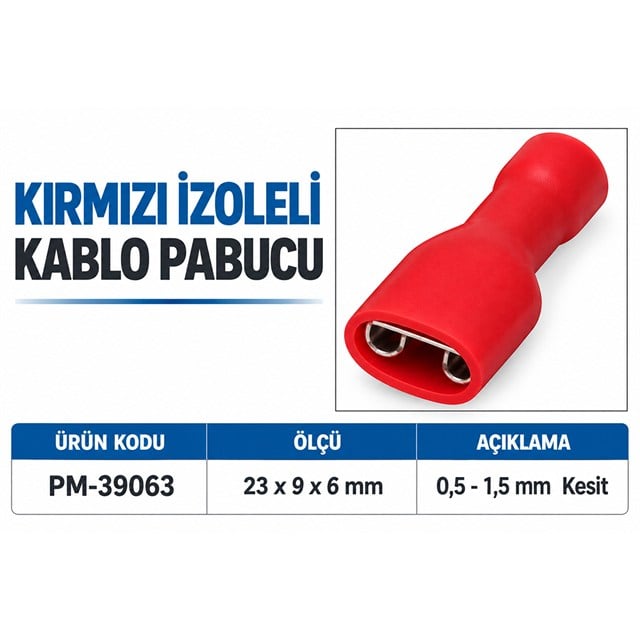 PowerMaster PM-39063 0,5-1,5mm2 Kesit 23x9x6mm Soket Kırmızı İzoleli Kablo Pabucu (100’Lü Paket)