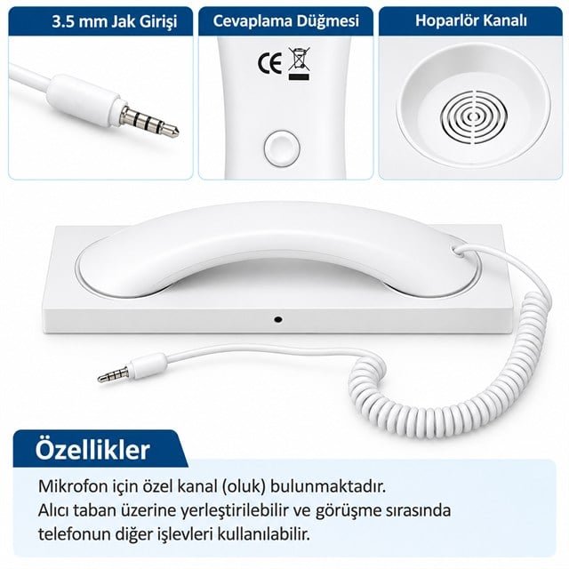 PowerMaster PM-39122 Retro-Nostaljik 3.5mm Girişli Beyaz Telefon Ahizesi