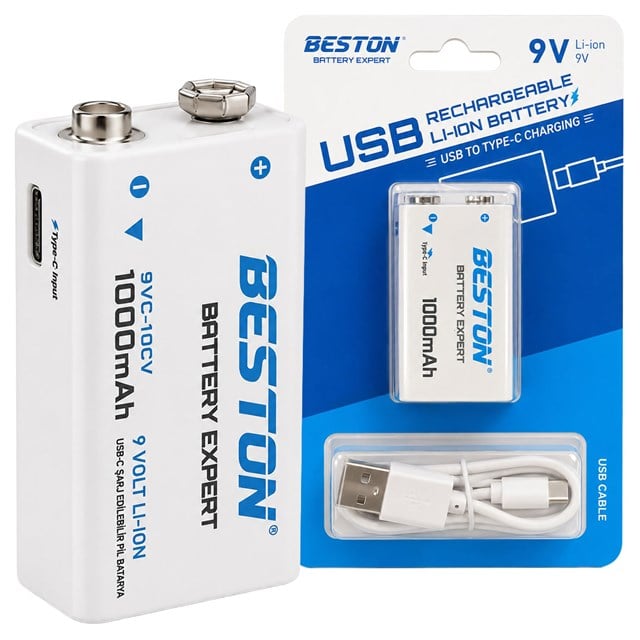 Beston 9VC-10CV 9V 1000mAh Type-C Şarj Edilebilir Li-Ion Lityum Pil ve Şarj Kablosu