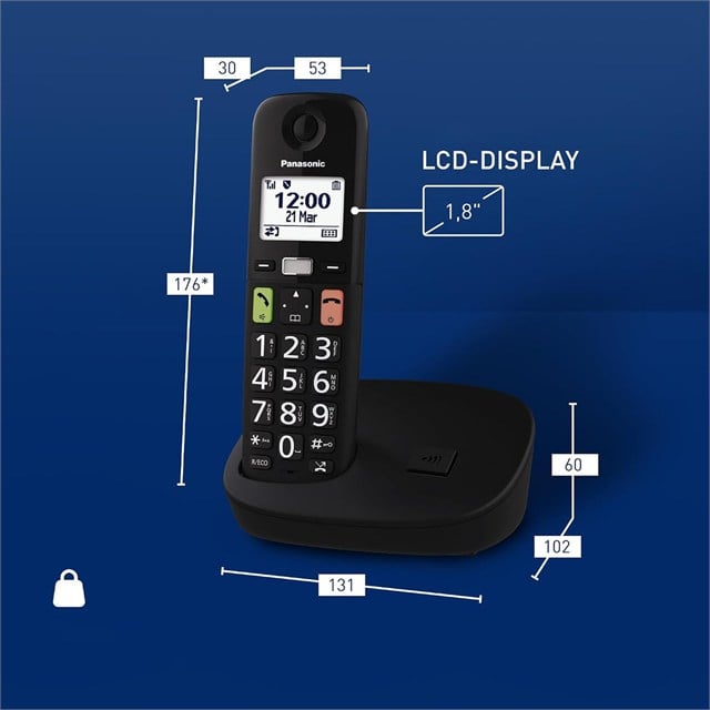 Panasonic KX-TGU110 Siyah Büyük Telsiz Dect Ev ve Ofis Telefonu Ergonomik Büyük Tuşlu