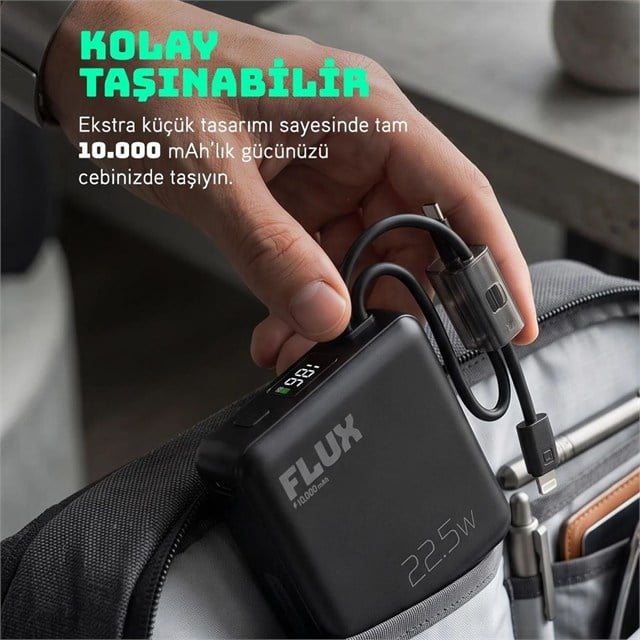 Powerway FLUX 10.000 mAh 22.5W Entegre Kablolu Hızlı Şarj Powerbank Siyah