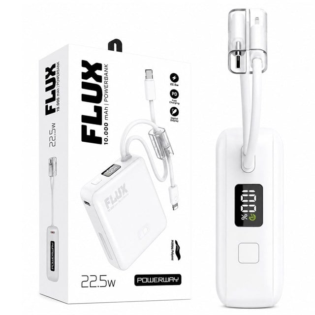Powerway FLUX 10.000 mAh 22.5W Entegre Kablolu Hızlı Şarj Powerbank Beyaz