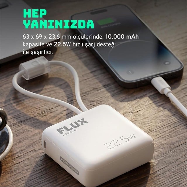 Powerway FLUX 10.000 mAh 22.5W Entegre Kablolu Hızlı Şarj Powerbank Beyaz