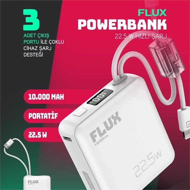Powerway FLUX 10.000 mAh 22.5W Entegre Kablolu Hızlı Şarj Powerbank Beyaz