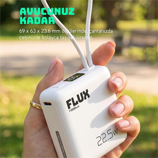 Powerway FLUX 10.000 mAh 22.5W Entegre Kablolu Hızlı Şarj Powerbank Beyaz