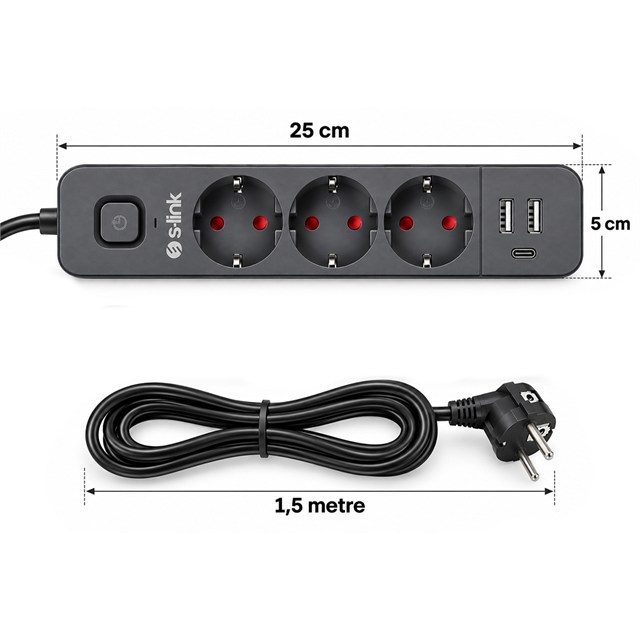 S-Link SPG03U 2 Usb + 1 Type C 5V2.4A 3X1.0mm Bakır 1.5M Kablo 750 Joule 3’lü Anahtarlı Siyah Akım Korumalı Priz