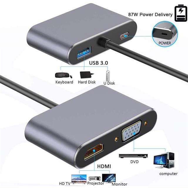 PowerMaster PM-4026 4In1 Çoklayıcı Çevirici Dock Station Adaptör USB TYPE-C to HDMI VGA USB-A TYPE-C PD