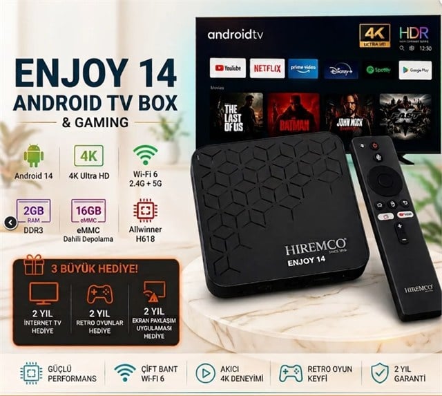 Hıremco Enjoy 14 Androıd 14 2GB Ram 16GB Dahili Hafıza WI-FI 6 Destekli Gamıng Androıd TV Box