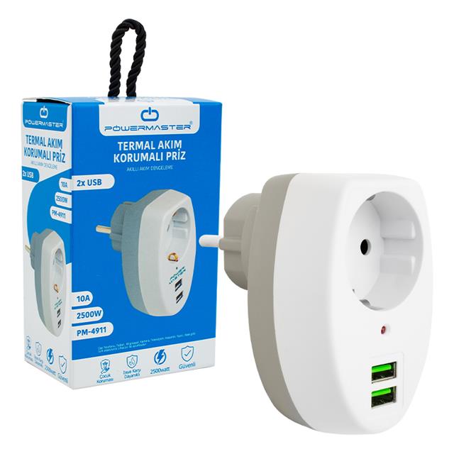 Powermaster 2 Usb Girişli Tekli Termal Priz (10A-2500W) PM-4911