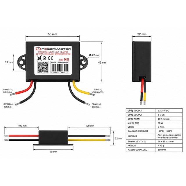 Powermaster PM-9113 12-24V Giriş 5V 10A 50W DC-DC Voltaj Düşürücü Çevirici Konvertör