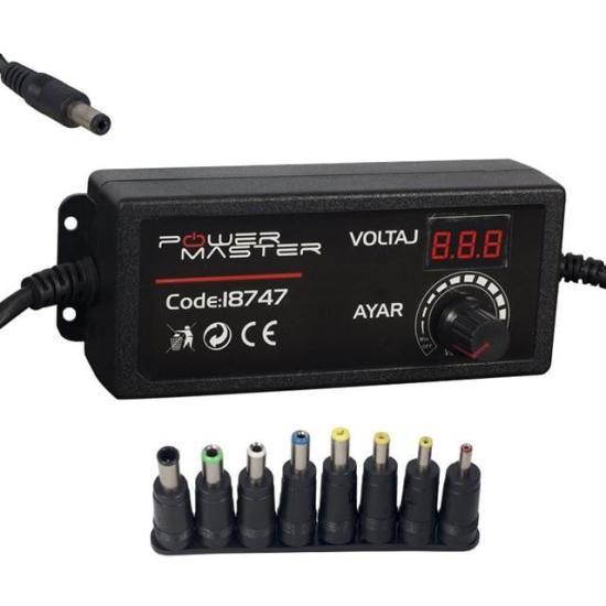 Powermaster PM-18747 Dijital Ekranlı 12 Volt - 24 Volt / 5 Amper Çok Uçlu Ayarlı Kademeli Adaptör