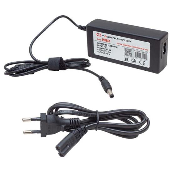 Powermaster PM-1980 12 Volt - 3 Amper - 36 Watt 5.5*2.5 Mm Uçlu Plastik Kasa Masaüstü Adaptör