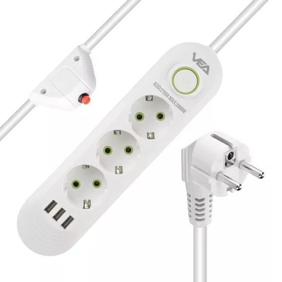 Akım Korumalı Grup Priz 3’Lü ON/OFF Anahtarlı 1.5 Metre Kablolu 3 Usb’li 3000w, 16 Amper, Kablo Üstünde Termal Koruma Sigortalı, Çocuk Korumalı, Topraklı