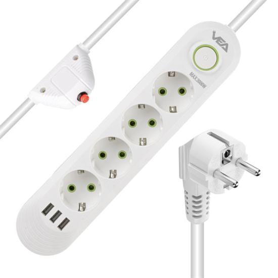 Vea VA-21560 4’lü 3 USB’li 1.5 Metre Akım Korumalı Priz Beyaz