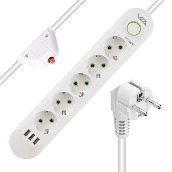 Vea VA-21562 5’li 3 USB’li 1.5 Metre Akım Korumalı Priz Beyaz
