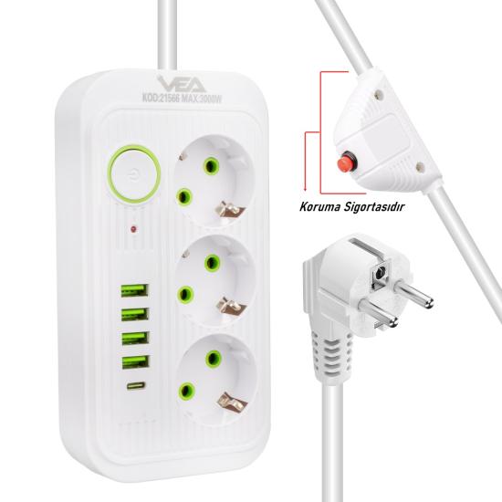 Akım Korumalı Grup Priz 3’lü 1.5 Metre Kablolu 4 Usb + Type-c 3000w 16Ah Tam Koruma TopraklıType-c 3000w 16Ah Tam Koruma Topraklı