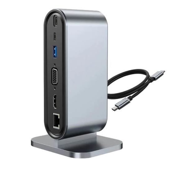 PowerMaster PM-21813 Type-C TO 12 Port Hub USB/Ethernet/HDMI/VGA/SD/TF Kart Okuyucu Dönüştürücü Çoğaltıcı Laptop PC Macbook Dock Station