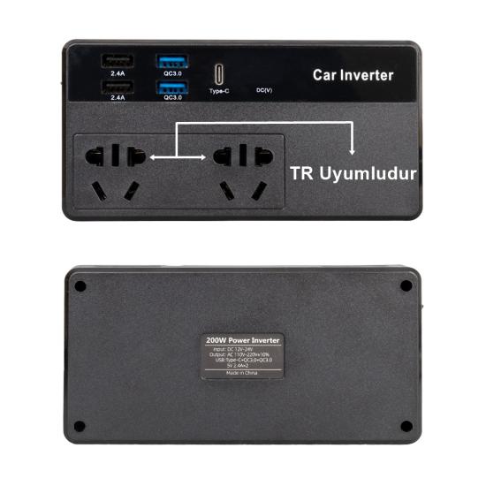200 Watt 12/24-220V Modified Sinus Inverter 4 x Usb Type-C Çakmak Çevirici Modifiye Sinus İnvertör