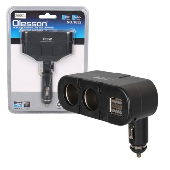 Olesson 1652 12-24V Çift USB Girişli 100W 2’li Araç Çakmak Çoklayıcı