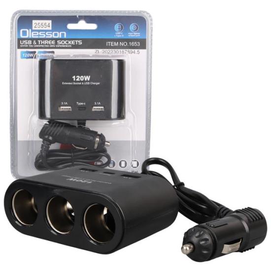 Olesson 1653 12-24V Çift USB + TYPE-C Girişli 100W 70cm Kablolu 3’lü Araç Çakmak Çoklayıcı