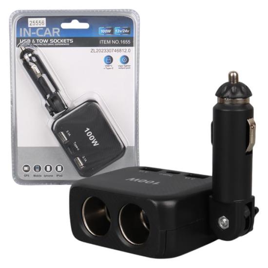 Olesson 1655 12-24V TYPE-C + Çift USB-A Girişli 100W 2’li Araç Çakmak Çoklayıcı