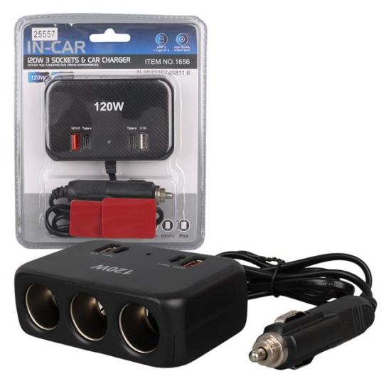 Olesson 1656 12-24V Çift USB + Çift TYPE-C 120W 80cm Kablolu 3’lü Araç Çakmak Çoklayıcı