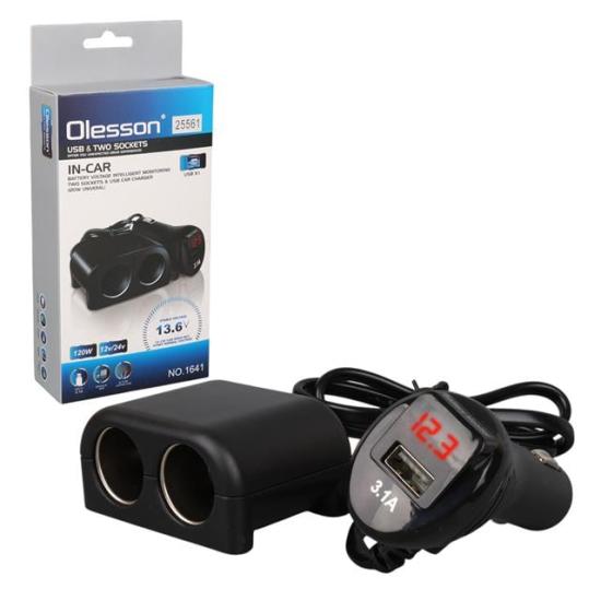Olesson 1641 12-24V Tek USB Girişli 120W 80cm Kablolu Dijital Voltaj Ekranlı 2’li Araç Çakmak Çoklayıcı